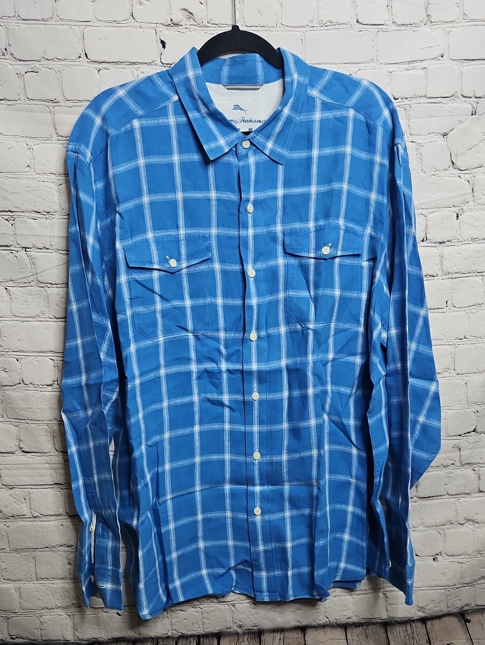 Tommy Bahama Blue White Linen Plaid Buttondown Shirt XLarge